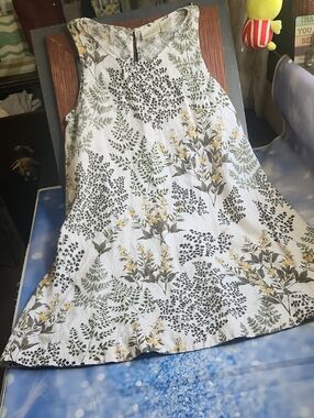 Cynthia Rowley White A-Line Dress w/ Green & Yellow 💯% Linen‼️Botanical Print